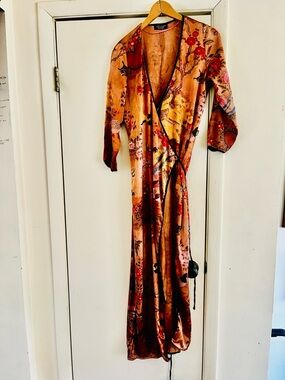 Zara Japanese Satin Floral Bird Boho Art Deco Kimono Duster Wrap Dress S
